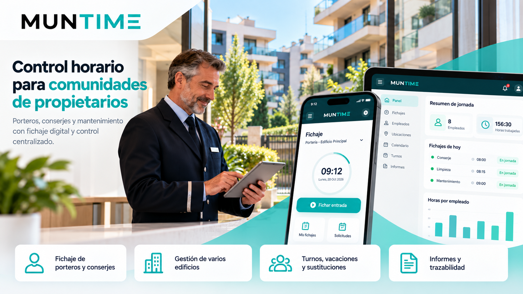 Control horario en comunidades de propietarios: cómo gestionar correctamente la jornada de porteros, conserjes y personal de mantenimiento