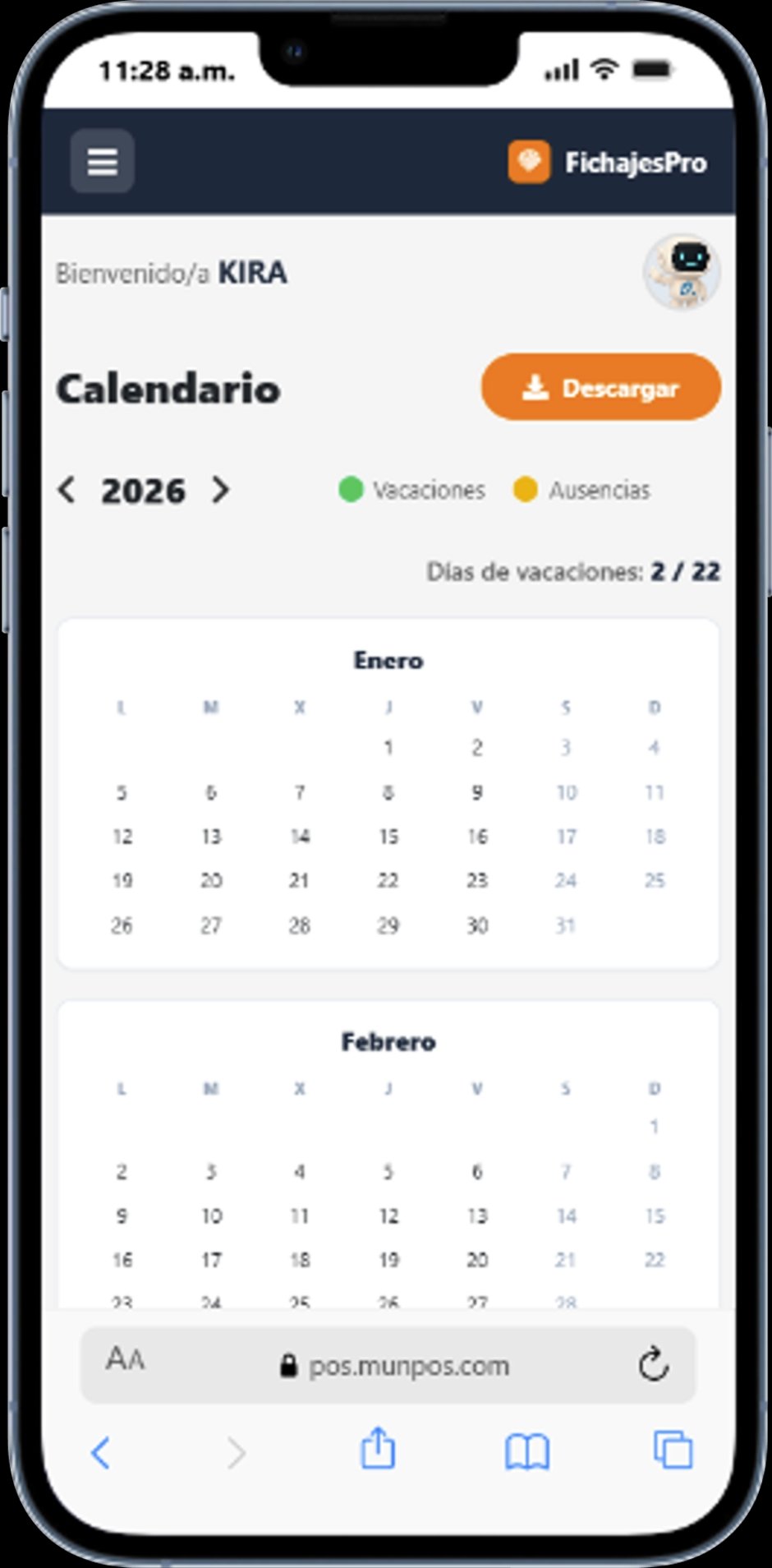 Calendario de vacaciones MUNTIME